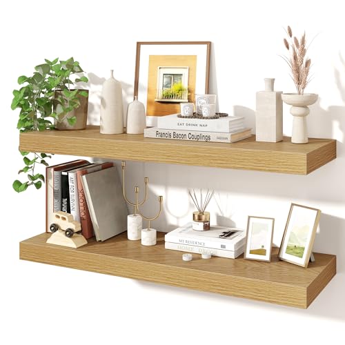 Axeman 32Inch Floating Shelves for Wall, 2 Pack Shelves for Bedroom, Bathroom, Kitchen, Hanging Wall Mounted Rustic Wood Shelf with Invisible Brackets for Books Decor, Oak