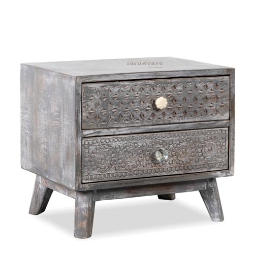 Image of Wooden Bedside Table for Bedroom with Drawers | Solid Wood Handcrafted Bed Side Table with Drawers | Side Table for Living Room | Traditional Rajasthani Art (Grey Distress)