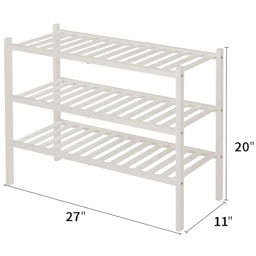 3 Tier Bamboo Shoe Rack for Closet Free Standing Wood Shoe Shelf Storage Organizer for Entryway Small Space Stackable 27"x11"x20" (White)