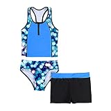 iEFiEL 3tlg. Mädchen Tankini Set Spaghetti-Träger Tops + Schlüpfer + Badeshorts Bikini Sets Blumen Druck Badeanzug Bade Bekleidung Strandmode V Halo Blau 170-176
