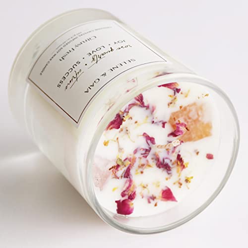 Crystal Candle with Natural Crystals On Top, Rose Quartz and Citrine Gemstone Infused Manifestation Candles Spiritiual Gifts for Women Girlfriend (Joy • Love • Success)
