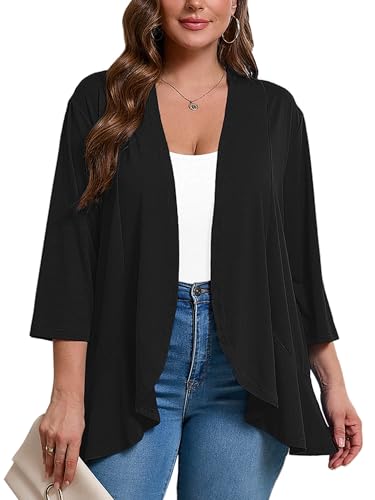 AusLook Women's Plus Size 3/4 Sleeve Lightweight Open Front Cardigan Black 4X Draped Ruffles Causal Cover Ups Shrugs Tops Shawls and Wraps Kimono Jacket Coat