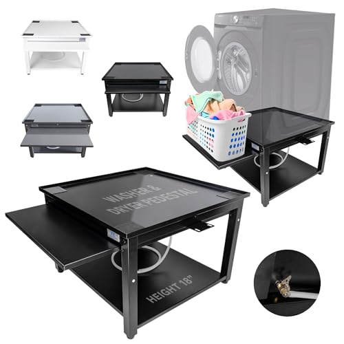 Image of Laundry Pedestal for Washer or Dryer with Drain Pan & Hose - 29 inchW, 18 inchH | Universal Fit 800 lbs Capacity Steel Stand With Pull Out Shelf for Back Pain Relief, Keeps Space Clean, All Brands Supported