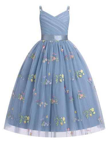 OBEEII Flower Girl Dress for Wedding Pleated V Neck Satin Back Floral Embroidery Tulle Princess Dress Junior Birthday Pageant Formal Ball Prom Gown Communion Dance Dresses Grey Blue-floral 13-14 Years