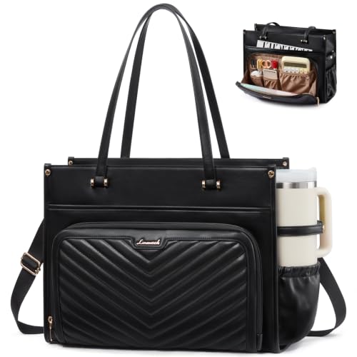 Image of LOVEVOOK Quilted PU Leather Teacher Tote Laptop Bag Work Purse for Women | Large Cup Holder, Professional Waterproof Handbag Briefcase, Gifts for Business Office Nurse Mom College Travel Daily Leiure