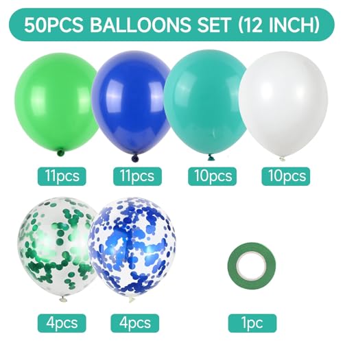 Image of 50Pcs Blue Green Balloons 12inch Light Green Blue Vintage Confetti Balloon with Ribbons for Boys Birthday Party Jungle Safari Themed Decoration