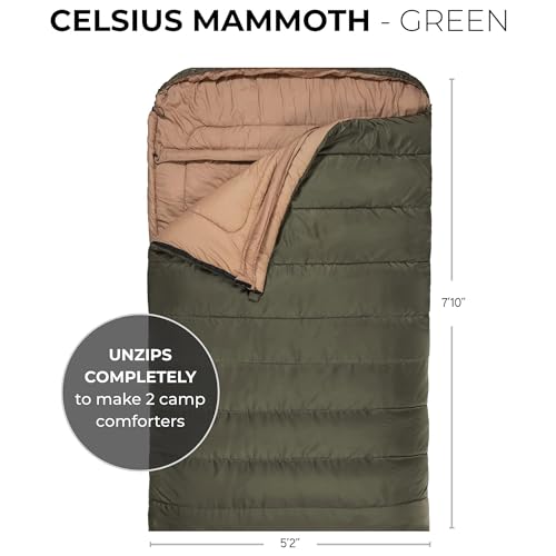 Image of Teton Mammoth Queen Size Double Sleeping Bag- A Warm Bag the Whole Family can Enjoy - Great for Camping, Hunting and Base Camp. Compression Sack Included