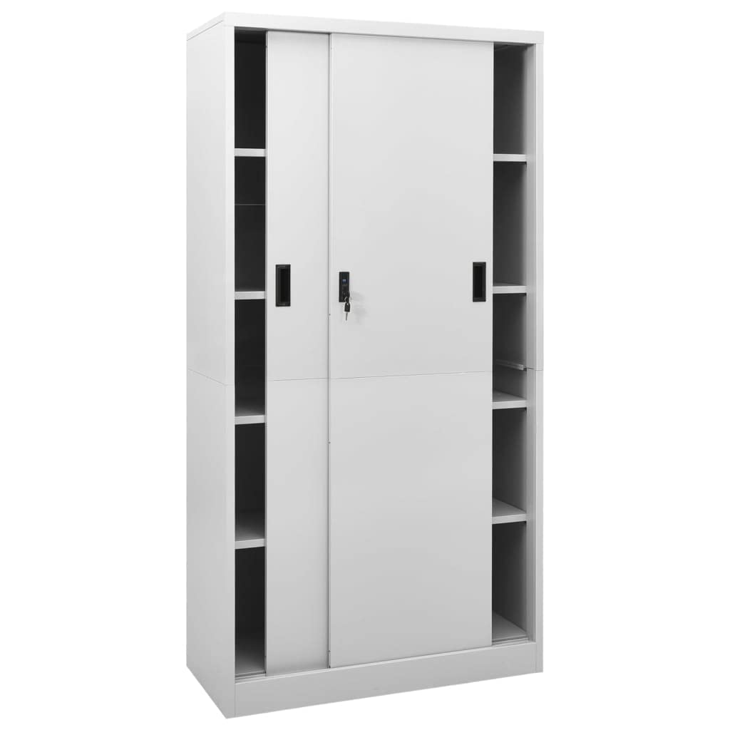Armario de oficina con puerta corredera, gris claro, 90 x 40 x 180 cm, acero, se puede cerrar con cerradura, 4 estantes ajustables, robusto archivador para oficina, taller, sótano, espacio de
