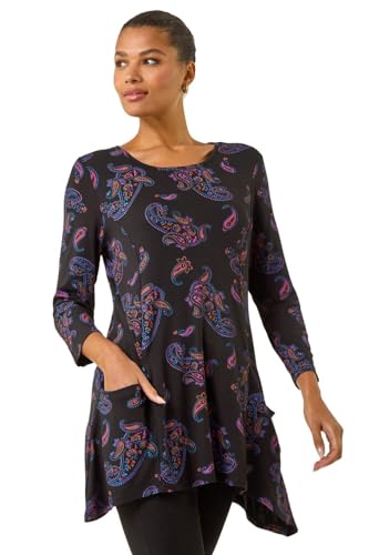Image of Roman Originals Swing Top with Pockets for Women UK Ladies Hanky Hem Asymmetric Tunic Blouse Longline Long Stretch Jersey Casual Round NeckTee Shirt T-Shirt Purple