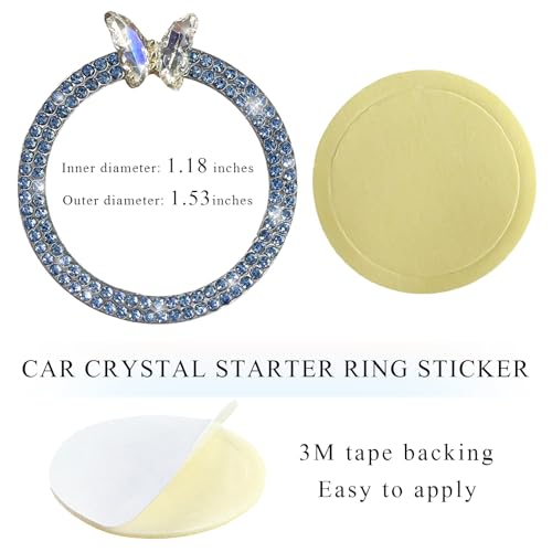 Image of DXNQ 2PCS Bling Ring Emblem, Sparkling Butterfly Car Buttons and Knobs Ring, Girly Butterfly Diamond Car Engine Start Button Cover, Key Ignition Knob Rings Decoration for Women (Blue, Double Row)