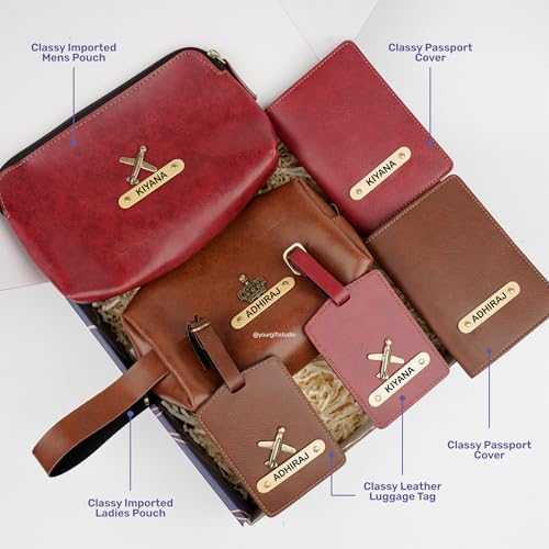 Image of Your Gift Studio Customized Leather Travel Pouch Kit Combo for Couple | Personalized Toiletry Bag, Passport Cover, and Luggage Tag with Name & Charm (Wine)