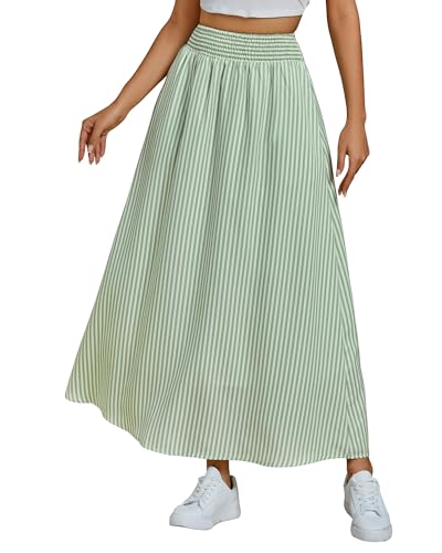luvamia Striped Skirts for Women Maxi Long Flowy Trendy Smocked Elastic Waist Summer Beach Vacation Skirt with Pockets