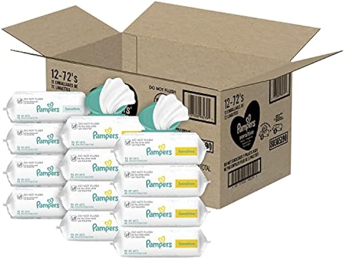 Baby Wipes, Pampers Sensitive Water Based Baby Diaper Wipes, Hypoallergenic and Unscented, 8 Pop-Top Packs with 4 Refill Packs for Dispenser Tub, 864 Total Wipes (Packaging May Vary)