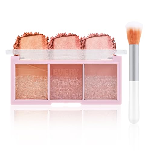 Apooliy 3 Colors Blush Palette，Blush Powder for Cheeks Makeup，Glitter Blusher with Brush，Long Wear，Highly Pigmented