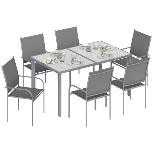 Outsunny Set da Giardino 7 Pezzi con Tavolo da Pranzo in Vetro Temperato e 6 Sedie in Alluminio con Tessuto a Rete, Grigio