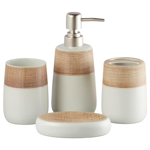 Image of SaSaSa Ceramic Bathroom Accessories Set of 4 Modern Bath Set with Soap Dispenser & Toothbrush Holder, Luxury Home & Gift Idea, Beige /Brown (10261)