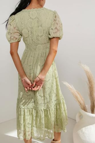Image of utcoco Lace Dress for Women 2025 V-Neck Lantern Sleeve Hollow Out Button Down Slim High Wasit Midi Dress