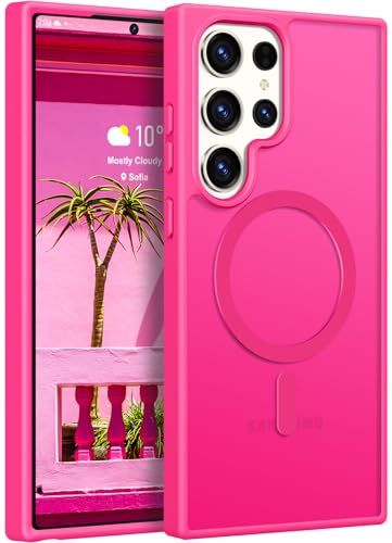 Image of Rayboen for Samsung Galaxy S23 Ultra Case Magnetic, [Compatible with Magsafe] Protective Skin Finish Matte Phone Cover for Samsung S23 Ultra with Translucent Hard Back & Soft Edge, Matte HotPink