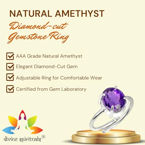 Image of Divine Spirituals Premium Amethyst Diamond-Cut Natural Gemstone Ring AAA Grade Adjustable Lab-Certified Unisex Original Crystal Ring For Luck, Abundance, Manifestation & Prosperity