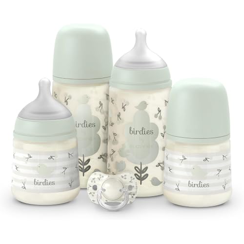 Suavinex, Newborn Baby Bottle Set Gift Set Contains: 2 Bottles 270ml + 2 Bottles 150ml + 0 to 6 Months Pacifier Physiological SX Pro Silicone Teats 5 Pcs +0M Birdies Green