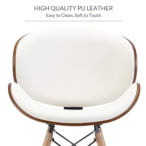 Image of BELLEZE Set of 2 Mid Century Modern Dining Chairs, Upholstered Faux Leather Walnut Curved Back Contemporary Kitchen Dining Accent Chair, Minimalist Vintage Style - Avalon (White)