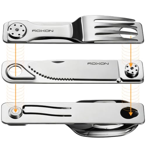 Image of ROXON 3-in-1 Knife Spoons Fork Camping Utensils Set with Case | Magnetic Folding, Stainless Steel Cutlery, EDC Portable Lightweight Silverware,For Hiking Backpacking Travel Lunchbox Outdoor