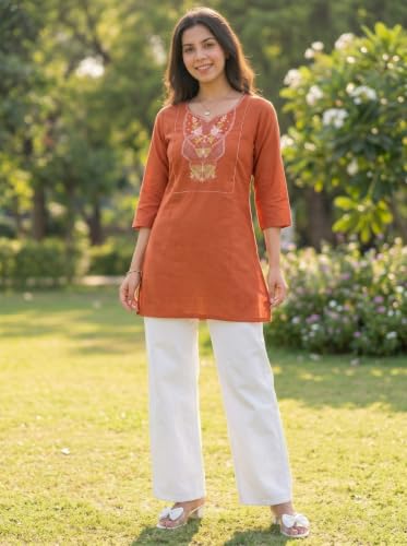 Image of Cotton Blend Embroidered Straight Kurta for Women | Cotton Blend | 3 /4 Sleeve | Round Neck V-Slit | Ethnic Wear Casual Wear