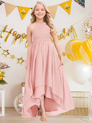 Cute Flower Girl Dresses for Wedding Halter Neck A Line High Low Chiffon Junior Bridsmaid Dresses with Sash4