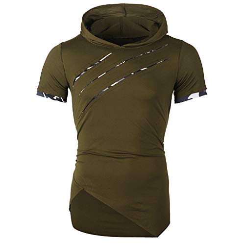 Mens Shirts Casual Stylish Distressed Ripped Shirt Irregular Hem Short Sleeve Hoodie Fashion Hip Hop Streewear Shirts Green #TOP4
