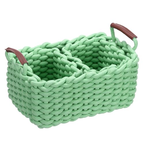 uxcell 3pcs Woven Basket Cotton Rope Storage Baskets with PU Handle Gift Chest Box for Shelf Organizing Bedroom Home Decor Nursery, Green (S, L)
