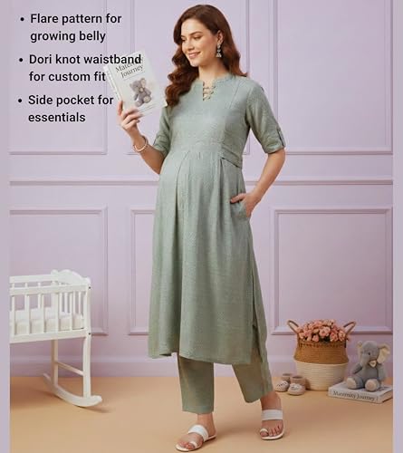 Image of DUMMY SHAPE Feeding Dresses for Women Full Set | Cotton Blend Maternity Kurta Pant Suit with Dual Nursing Zippers, Side Pocket to Pre & Post Pregnancy | Mom to Be Gifts