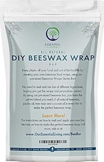 Essential Living: Pre-Mixed DIY Beeswax Wrap Bar - All-Natural Pure Beeswax, Tree Resin, Jojoba Oil and Coconut Oil Bar - 8 oz. - Makes Over 20 Beeswax Food Wrap Sheets - Easy to Use for Beginners