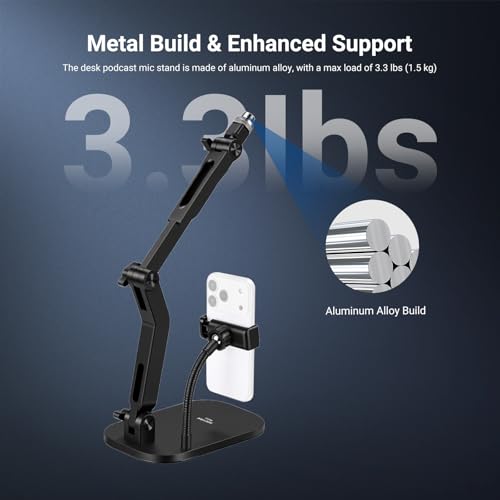 Image of NEEWER Desk Microphone Stand with Phone Clamp & Flexible Arm, Adjustable Table Top Mic Holder Mount with 1 /4 inch to 5 /8 inch Screw Adapter Compatible with Blue Yeti Razer Seiren Mini, Max Load 3.3 lbs, MS022