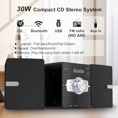 Image of Home Stereo System with CD Player, FM Radio, Bluetooth, AUX in, USB in, Earphone Jack, Remote Control Included, 30W HiFi Shelf Stereo System