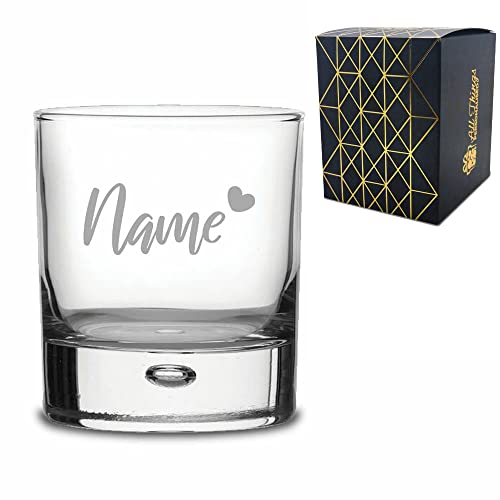 Personalised Engraved Bubble Whisky Glass Tumbler with Name and Heart Design, Gift Boxed, Personalise with Any Name