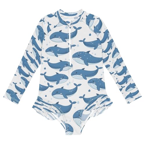 Cartoon Whale B Girls Long Sleeve Swimsuits One Piece Zipper Bathing Suit UPF 50+ Rashguard Swimwear