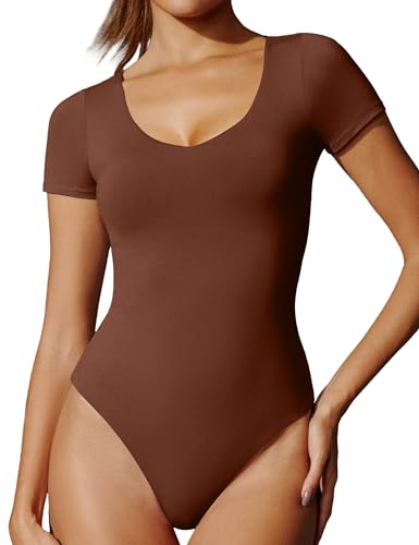 Image of IUGA Bodysuits for Women Tummy Control Body Suits for Womens Compression Slimming Thong Bodysuit V Neck