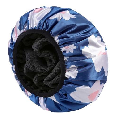 YIZIJIZI Terry Lined Shower Cap Triple Layer Large Cap for Women Shower Cap Reusable Waterproof Long Thick Hair(Blue)