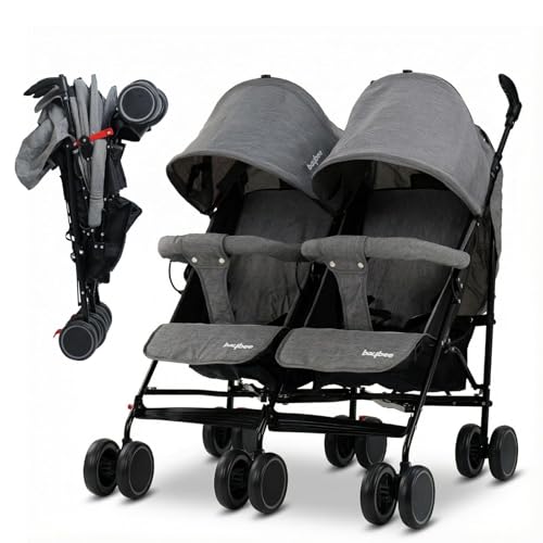 Image of Baybee 2-in-1 Twin Baby Stroller for 0-3 Years | Lightweight Foldable Pram for 0 to 5 Years | Adjustable Canopy, Safety Guardrail, Wheel Lock & Parental Handle | Baby Stroller for Boys & Girls (Grey)