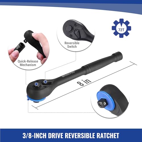 Image of WORKPRO 39PC Drive Socket Wrench Set, 1 /4'' & 3 /8'' Sockets Kit, 3 /8 inch Ratchet, Extension Bar, Spinner Handle & Adapter, Premium Black Phosphate Finish Mechanics Tool Set with Tool Box, Metric & SAE