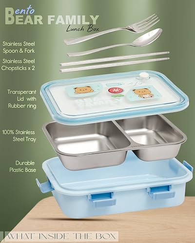 Image of Brand Conquer Lunch Box Leak-Proof BPA Free Stainless Steel for School, Lunch Box for School & Office with a Fork, a Spoon and a Pair of Chopsticks (Blue, Bear Family 2 Compartment)