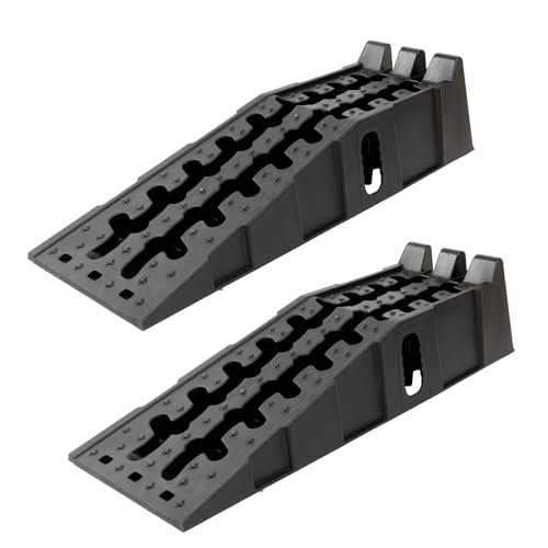 TRUTZHOLM 2 x Auffahrrampe Auffahrkeil mit Überfahrstopper 90 x 30 x 21,5 cm hochbelastbar 5t Traglast Kunststoff Stapelbar für Wohnmbil PKW SUV rutschfeste Rampe für jeden Untergrund schwarz