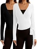 SweatyRocks Women's 2 Pack Long Sleeve Ballet Pilates Yoga Wrap Shirts Tie Front Workout Tops Black and White Medium