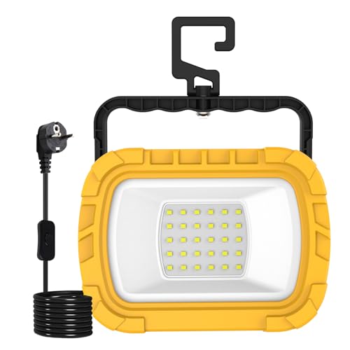 T-SUN 30W Foco LED Portátil, 1000LM Foco Trabajo LED con Enchufe y Cable de 1,8 m, Soporte Plegable, Blanca Fría de 6500K, Luz de Trabajo Impermeable para Garajes, Talleres y Obras- 1 Piezas