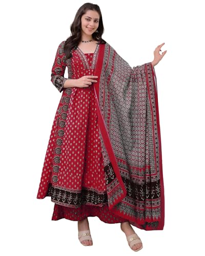 Image of ANNI Designer Women's Pure Cotton Anarkali Kurta Set for Women with Dupatta & Plazzo - Hand Block Print Suit Set | Stylish Dress | Cotton Kurta Set for Women