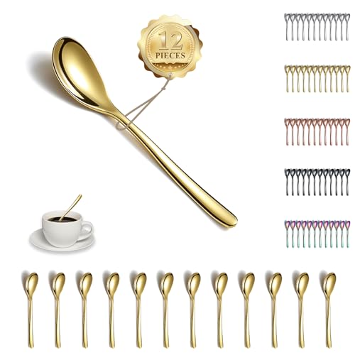 Kyraton Gold Teelöffel 12 Stück, 14cm Edelstahl Kaffeelöffel, Dessertlöffel, Espressolöffel, Kleine Löffel, Löffel Besteck Set, Spülmaschinenfest