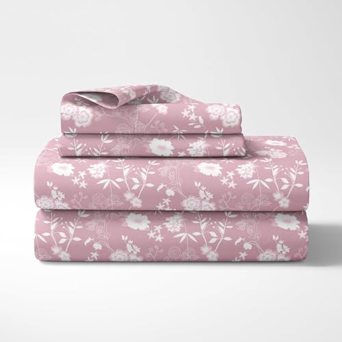 Image of LORETO - A QUALITY LINEN BRAND 100% Cotton Elastic Fitted Bedsheets Single Bed with 1 Pillow Cover All Around Elastic Fitted Bed Sheet for Single Size Mattress - 72 x 36 Inch, Blush Pink Vine Blooms