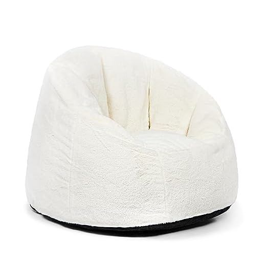 N&V Medium Shell Bean Bag Chair, Adult Size Bean Bag Sack, Foam Filling, Includes Removable and Machine Washable Cover, 37in, Soft Faux Fur, White