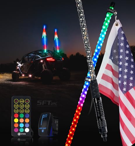 Xprite 2PC 5FT Spiral RGB LED Whip Light with Built-in Spring Base, Remote Control & Rocker Switch DIY Chasing Antenna Lighted Whips, Compatible with SXS ATV UTV Polaris RZR Can-am Buggy Trucks Jeep -  DL-WL-CHASE-5FT-RF-2PC
