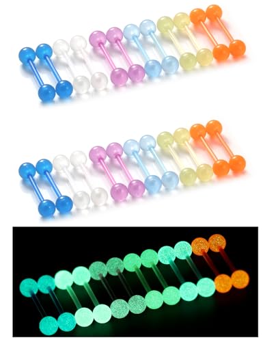 14G Glow in Dark Flexible Acrylic Tongue Rings Plastic Nipple Rings for Surgery Straight Barbell Tongue Nipple Piercing Jewelry for Women Men 16mm Bar Length